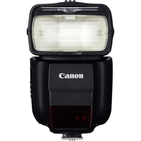 Flashgun camera accessory with Canon branding, designed for professional photography lighting, featuring a built-in hot shoe mount and adjustable flash head.