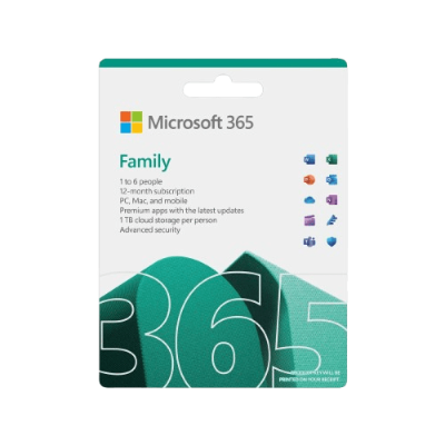 Microsoft 365 Family software box showcasing productivity tools for 1-6 users, 12-month subscription, cloud storage, and security features, ideal for personal and professional use.