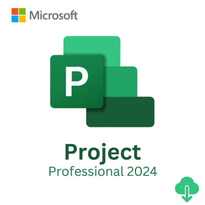 A large Microsoft Project Professional 2024 logo with a cloud download icon, symbolizing innovative and affordable project management software solutions.