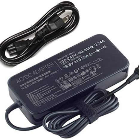 Power adapter charger for electronic devices, suitable for various appliances needing 100-240V input, 19.5V output, and 4.62A current, with a safety cord included.