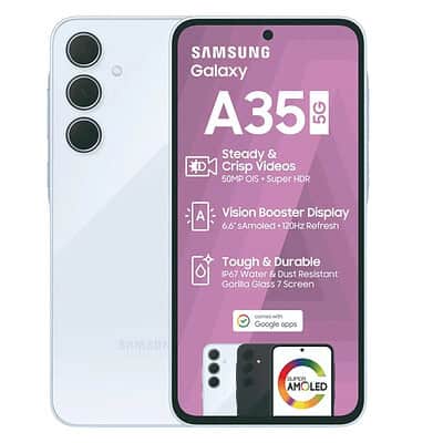 High-quality Samsung Galaxy A35 5G smartphone with triple camera, 50MP OIS, super HDR, 6.6" sAMOLED display, 120Hz refresh rate, durable IP67 water resistance, Gorilla Glass 7, and Google apps.