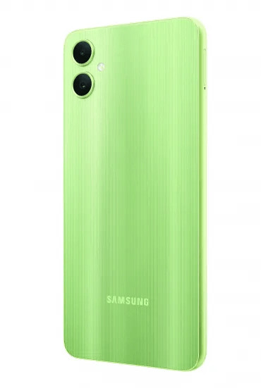 Bright green Samsung smartphone back, dual camera setup, sleek design, modern mobile device for high-quality photography and connectivity.