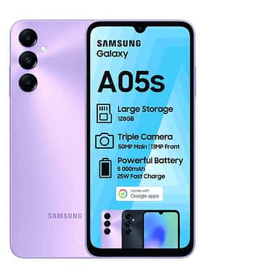 Samsung Galaxy A05s smartphone with triple camera, 128GB storage, 50MP main camera, 13MP front camera, 5000mAh battery, 25W fast charge, shown in light purple for affordability and innovative technology.