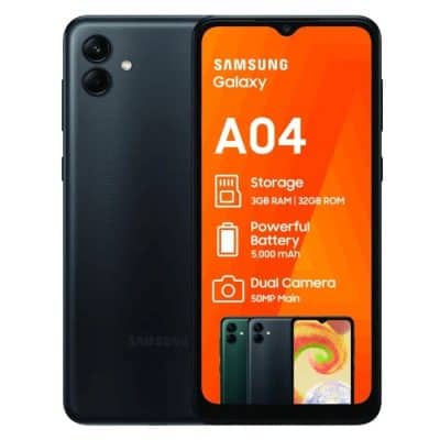 Samsung Galaxy A04 smartphone displaying battery life, storage, and dual camera features, showcasing affordable mobile technology with impressive specifications.