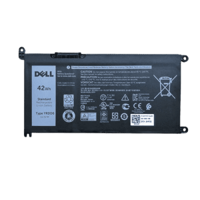 Laptop battery with Dell branding and safety labels, emphasizing reliable power solutions for work and gaming.