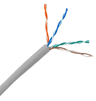 High-quality twisted pair ethernet cable exposing internal color-coded wires, used for reliable data and internet connections in networking environments.
