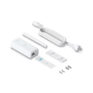 Compact network device components including a power supply, extension cord, and mounting accessories for reliable internet connectivity.
