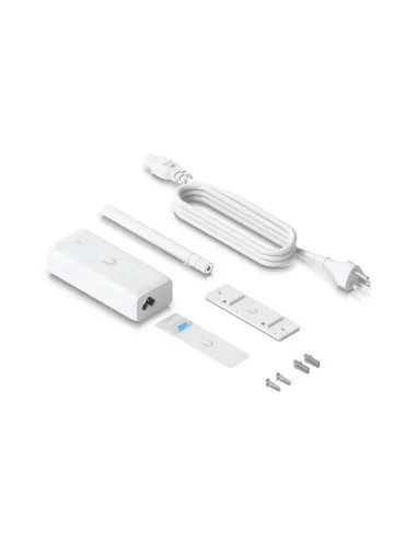 Compact network device components including a power supply, extension cord, and mounting accessories for reliable internet connectivity.