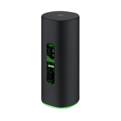Wireless router with digital display showing network data and signal strength for high-speed internet connectivity.