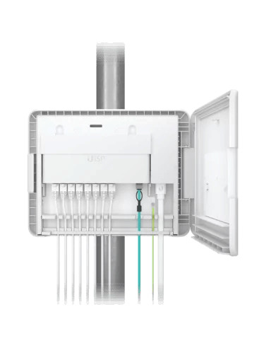 Compact electrical distribution box for industrial and residential use, featuring multiple wiring points and a protective cover, illustrating modern electrical infrastructure solutions.
