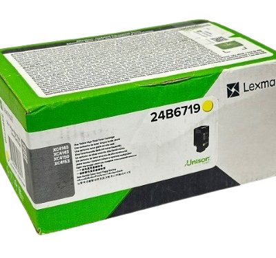 Yellow toner cartridge box for Lexmark printers, eco-friendly packaging with product details.