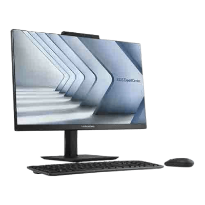 A computer monitor with a keyboard and mouse displaying digital interface graphics for technology and innovation.