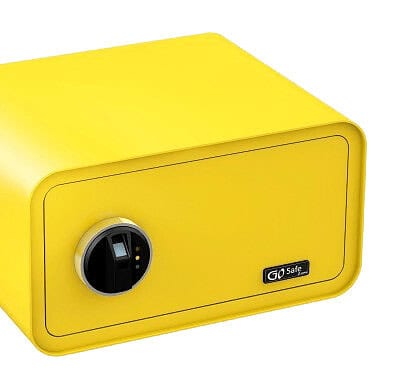Yellow safe deposit box with digital lock for secure storage.