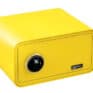 Yellow safe deposit box with digital lock for secure storage.