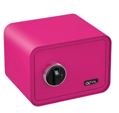 Pink electronic safe with digital keypad lock, ideal for secure storage of valuables and documents.