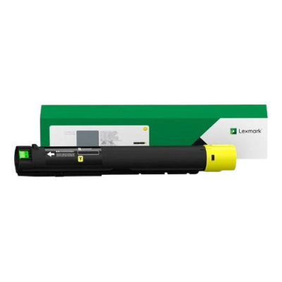 High-yield Lexmark toner cartridge in black and yellow with packaging, ideal for affordable, high-quality printing solutions.
