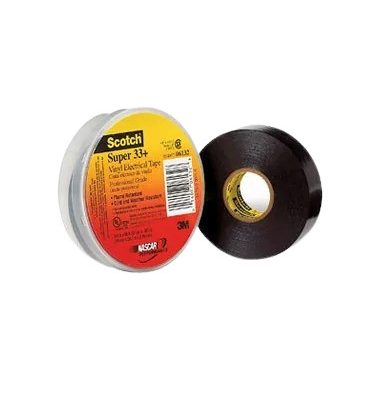 Strong black electrical tape with Scotch Super 33+ branding, ideal for electrical insulation and sealing. High durability and adhesion for various wiring and repair applications.