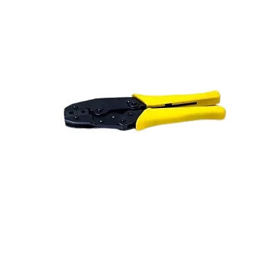 Crimping tool for network cable termination, yellow and black, used for precise wire stripping and crimping in data networking installations.