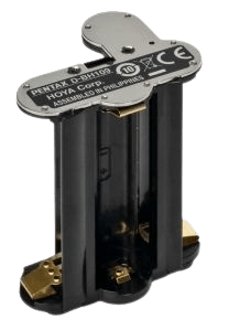 Battery compartment for electronic device, compact black battery holder with gold contacts, used in electronic projects and devices, suitable for AA batteries, durable and portable design.