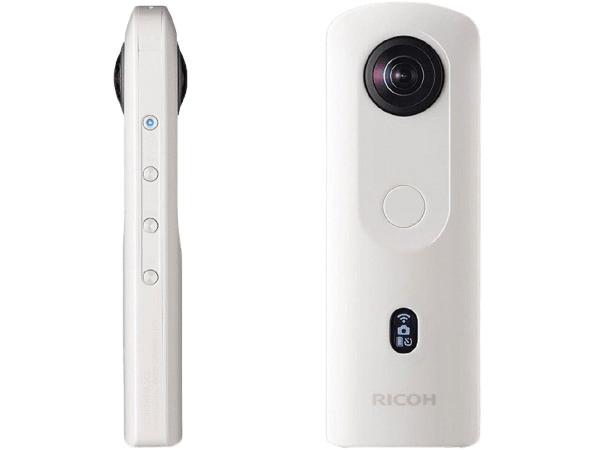 Small white Ricoh 360-degree camera with buttons and lens, ideal for immersive content creation and innovative visual solutions.