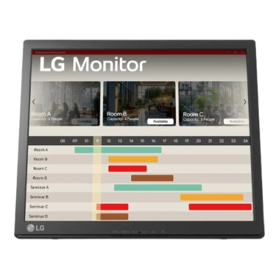 LG monitor displaying a room booking system with real-time capacity updates for different rooms and seminars.