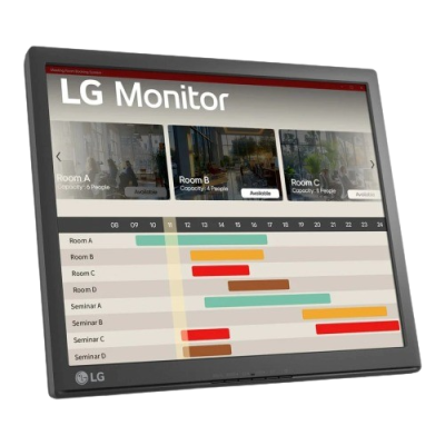 LG Monitor displaying room scheduling and capacity management for a professional environment.
