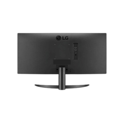 LG computer monitor back view showcasing sleek design and adjustable stand, ideal for office or gaming setups.
