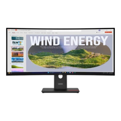 Wind energy presentation displayed on a curved computer monitor, showcasing renewable energy solutions with a focus on innovation and affordability in the South African market.