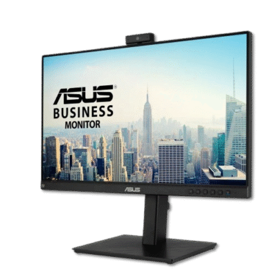 ASUS Business Monitor with city skyline background, ergonomic design, and advanced display technology for professional office use.
