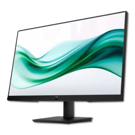 A sleek modern computer monitor with a vibrant, abstract green and white wave design, ideal for professional or gaming setups.