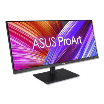 ASUS ProArt monitor displaying vibrant colorful graphics, ideal for creative professionals and digital artists seeking high-quality visual output.