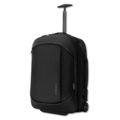 Laptop trolley bag with retractable handle and wheels for travel and business use in black.