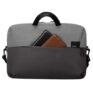 Portable grey laptop bag with black handle and front pockets containing black and brown wallets, ideal for business and travel use.