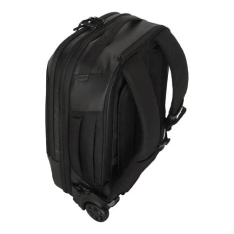 Black rolling laptop backpack with multiple compartments and ergonomic design for students and professionals.