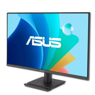 Asus computer monitor with colorful background displaying the ASUS logo for tech and electronics security and affordability.