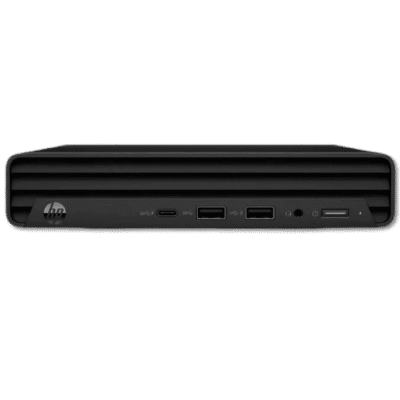 Hp desktop computer front view with USB ports and ventilation grille, used for office or home technology solutions.