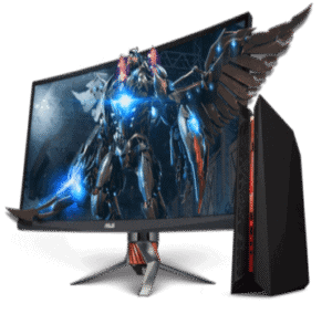 - A high-performance gaming monitor featuring a detailed robotic creature with glowing blue accents and a sleek black stand.