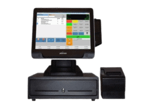 Modern POS terminal with digital touchscreen interface for retail and hospitality environments.