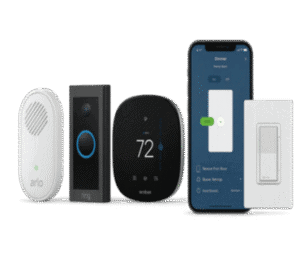 Smart home devices including a motion sensor, doorbell, thermostat, and mobile app control, showcasing affordable innovation in home automation from InfoplayNet.