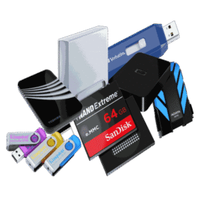 USB flash drives, memory cards, external hard drives, and Wi-Fi adapters for data storage and transfer.