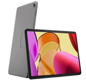 A sleek, modern tablet device in a grey casing with a vibrant, colourful screen displaying abstract art.