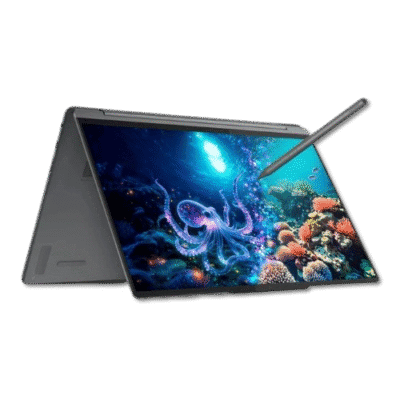 A flexible, high-resolution tablet with a stylus, showcasing vibrant underwater coral reef imagery, ideal for digital art and creative projects.