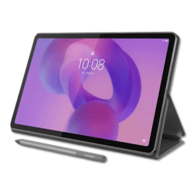 Lenovo tablet with stylus and stand displaying vibrant digital graphics, ideal for tech innovation and affordability solutions.