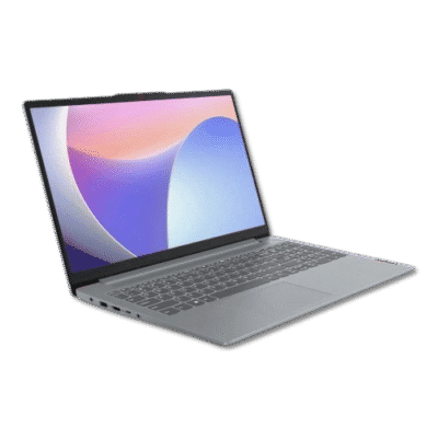 Laptop computer with sleek silver design and vibrant screen displaying abstract background, portable tech device for work or entertainment in modern office setting.