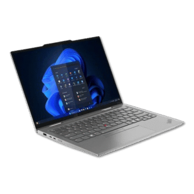 Laptop with Windows 11 desktop interface, modern slim design, and black keyboard, showcasing innovative technology solutions from InfoplayNet.
