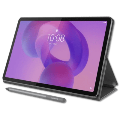 A sleek Lenovo tablet with stylus, showcasing modern design and versatility for home or work use.