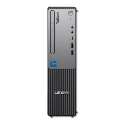 A compact Lenovo mini desktop computer with a sleek black and grey design, featuring multiple ports and an Intel Core processor for versatile business and home use.