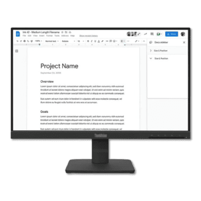 A Lenovo ThinkVision monitor displaying a project document in a workspace, highlighting cutting-edge computer technology and digital productivity tools for business efficiency.