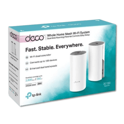 Deco E4 AC1200 Whole Home Mesh Wi-Fi System for seamless internet coverage. Easy setup, supports up to 100 devices, and enhances dual-band speeds for reliable connectivity throughout your home.