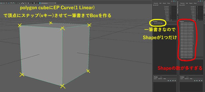 EPカーブを頂点にスナップさせてカーブを作成する。